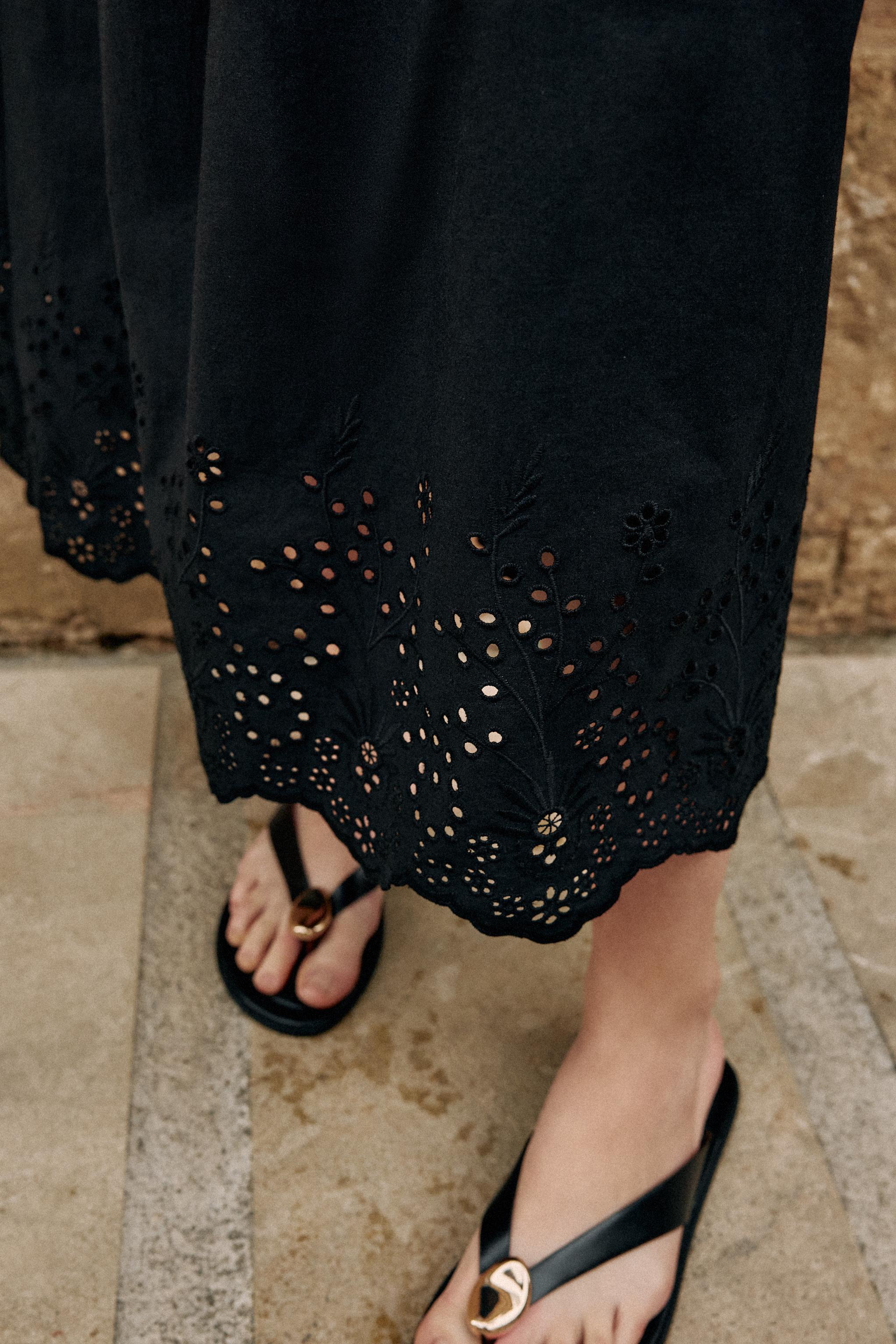 EMBROIDERED EYELET MIDI DRESS